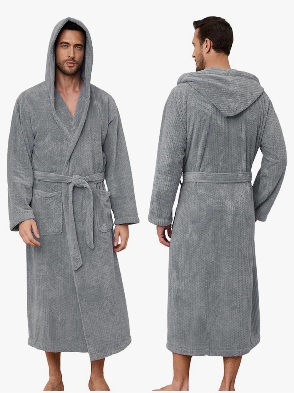 Men's Hooded Plush Bathrobe in Heather Gray Size L